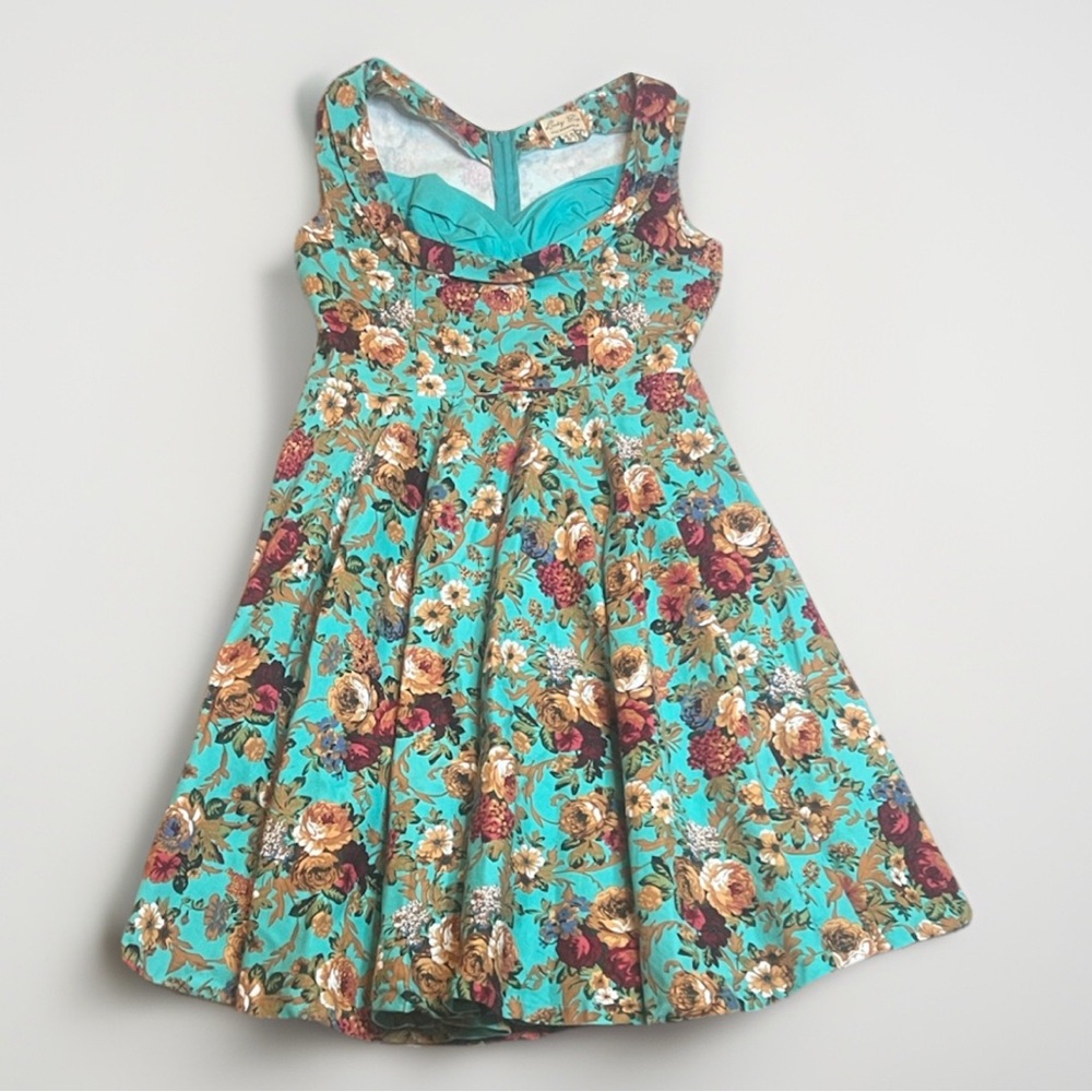 Lindy Bop Retro Pin Up Style Floral Dress in Teal Pockets! sz L